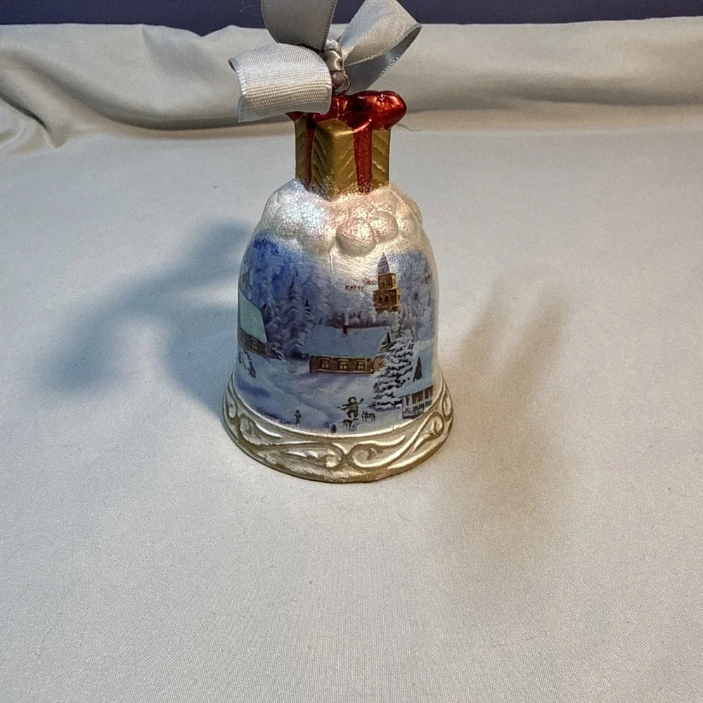 Vintage Porcelain Christmas Bell Ornament Winter Village Scene Gift Bow Top